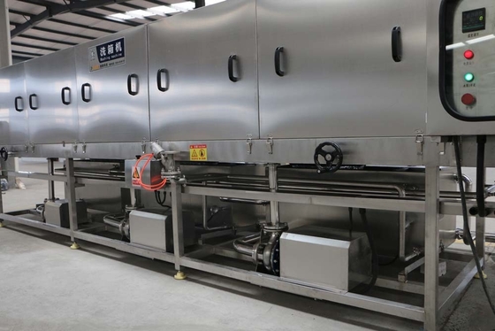 Lavadora industrial para limpeza contínua de recipientes de polipropileno/aço inoxidável